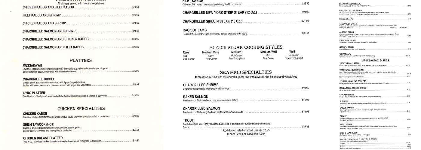 Aladdin Restaurant Menu