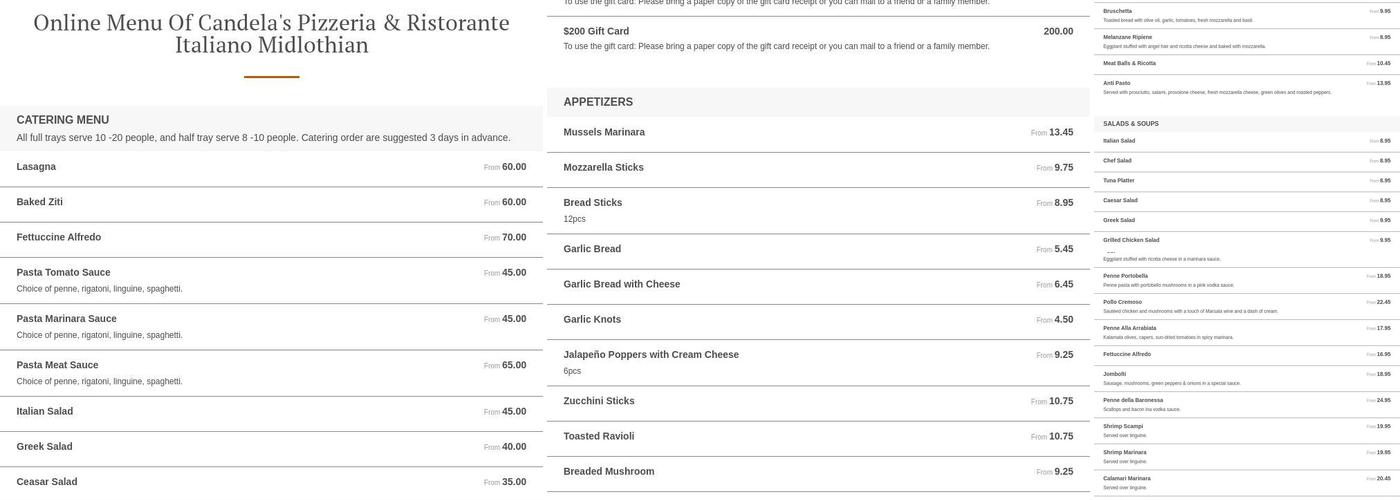 Candela's Pizzeria & Ristorante Italiano Menu