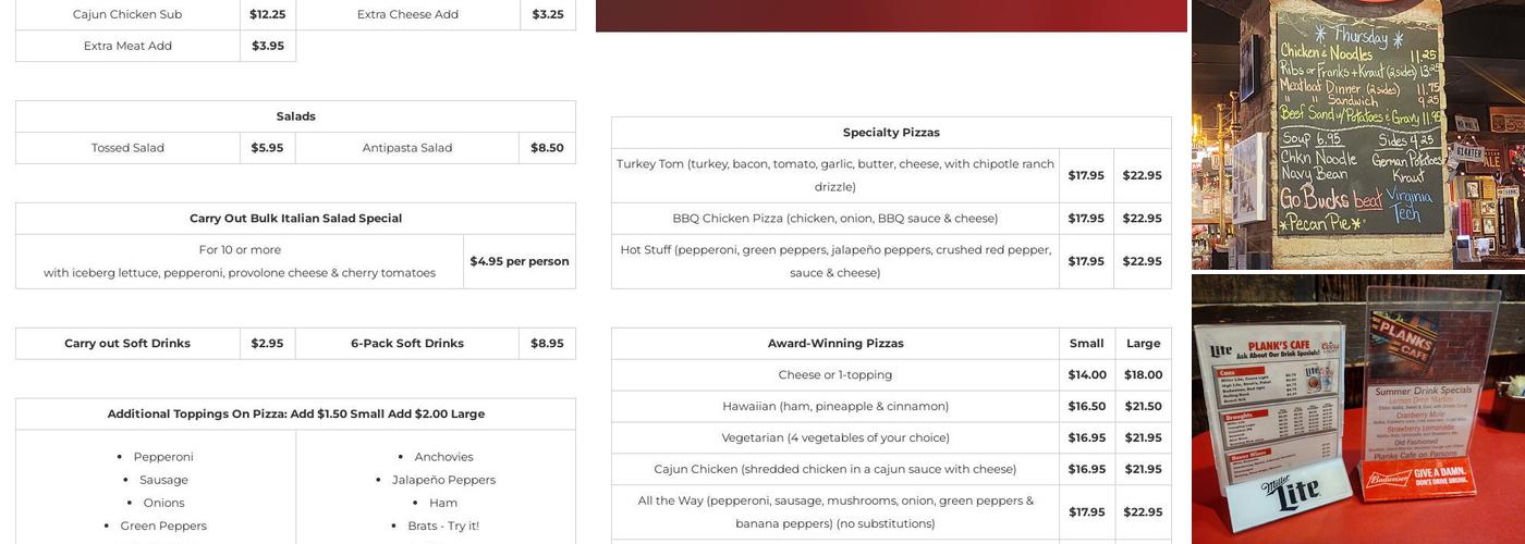 Plank's Cafe & Pizzeria Menu
