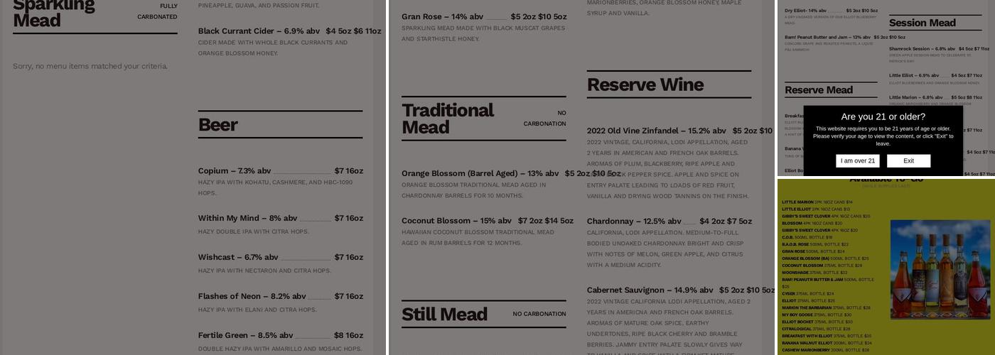 Manic Mead. Wine. Cider Menu