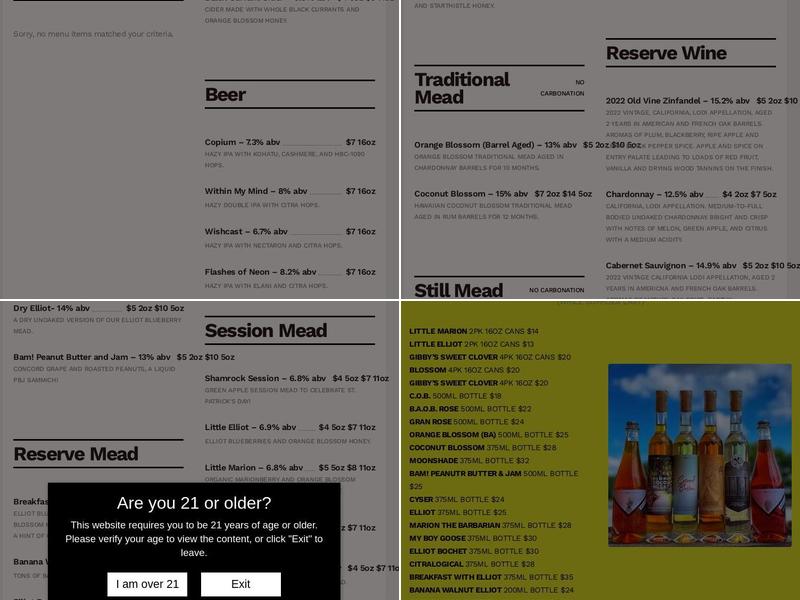 Manic Mead. Wine. Cider Menu