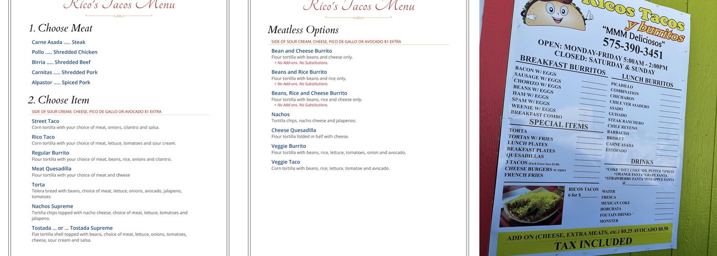 Ricos Tacos y Burritos, inc. Menu