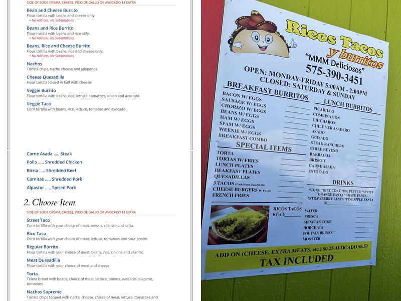 Ricos Tacos y Burritos, inc. Menu