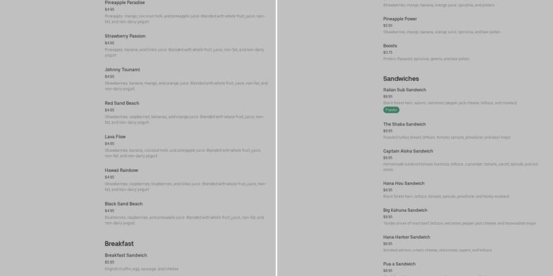 Maui Burgers and Maui Shrimp Menu