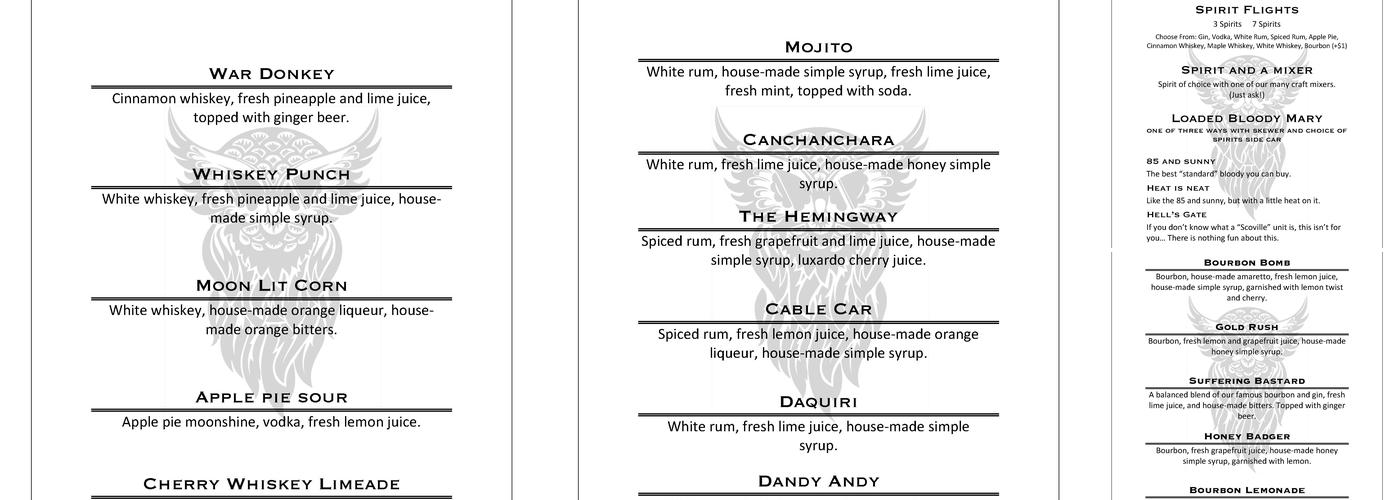Wise Men Distillery Menu