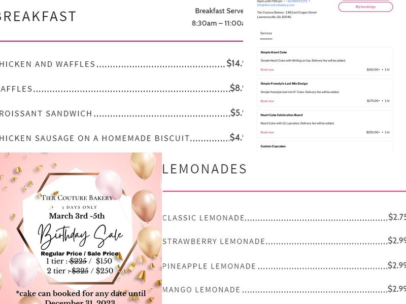 Tier Couture Bakery Menu