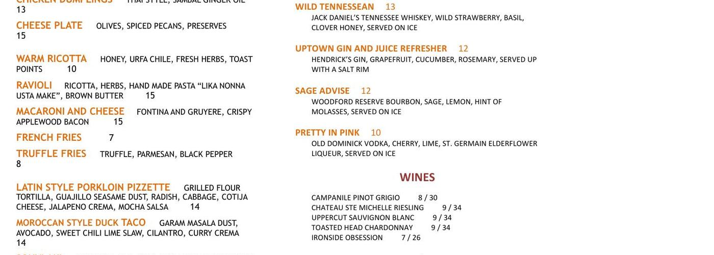 Mollie Fontaine Lounge Menu