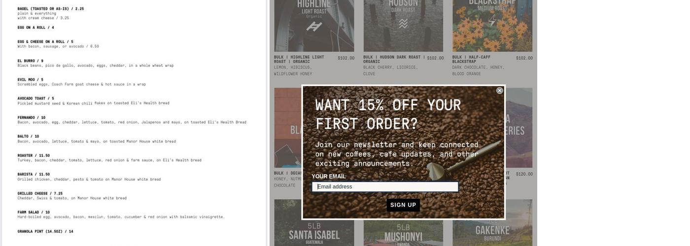 Irving Farm Roastery Menu