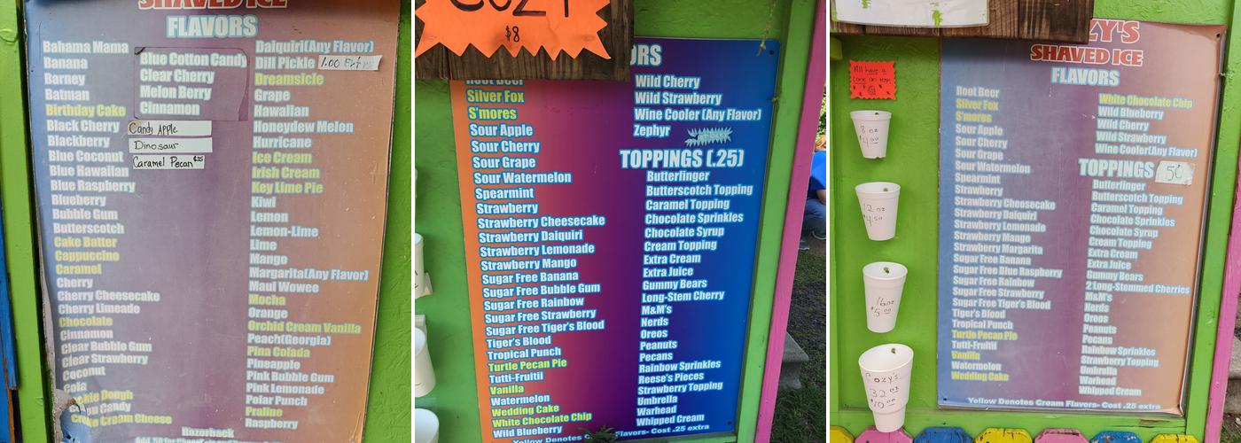 Cozy's Shaved Ice Menu