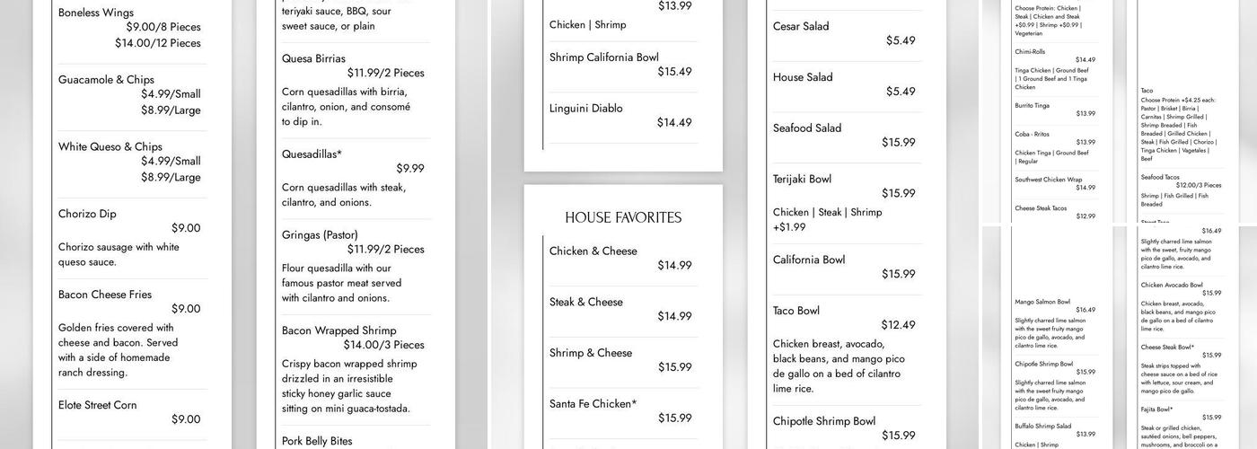Coba Bar & Grill Menu