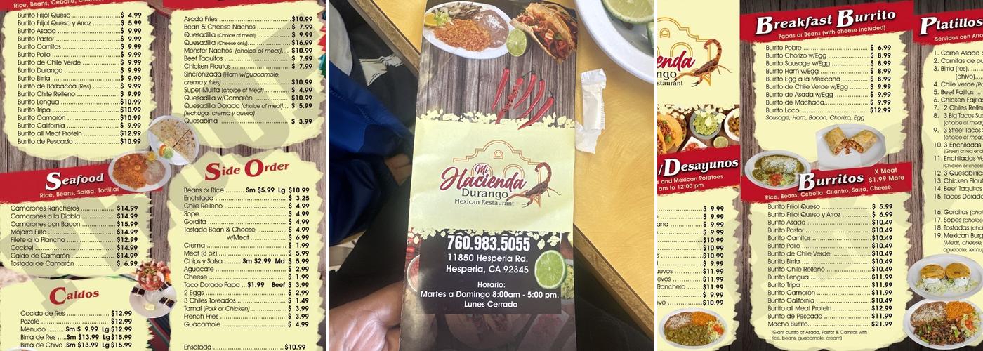 Mi Hacienda Durango Mexican Restaurant Menu