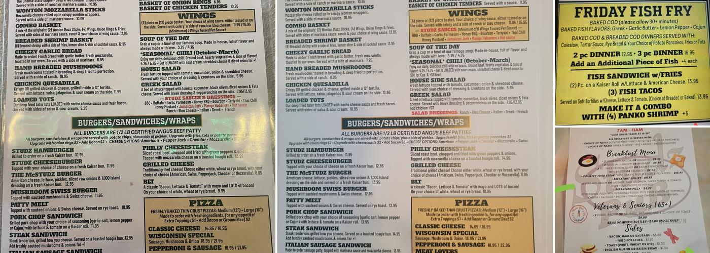 Studz Pub Menu