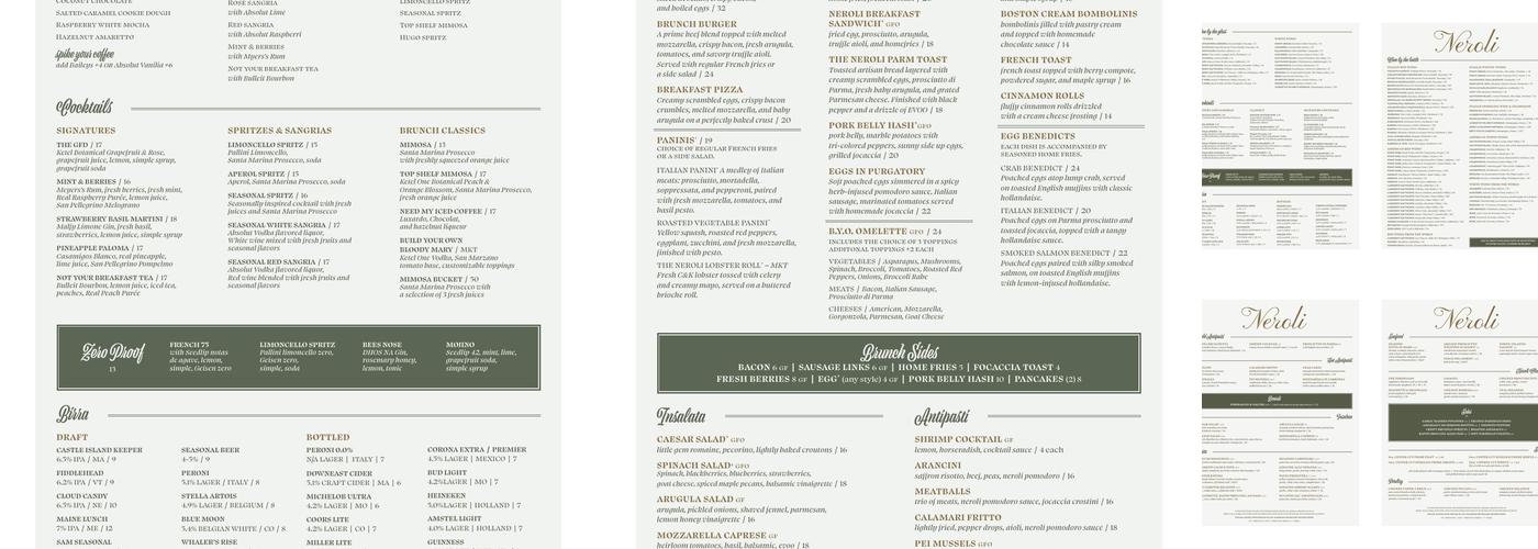 Neroli Ristorante Menu