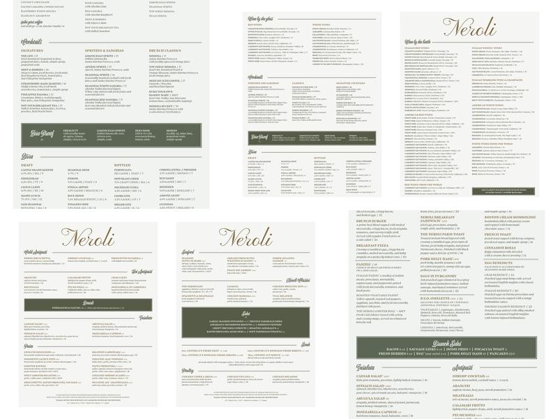 Neroli Ristorante Menu