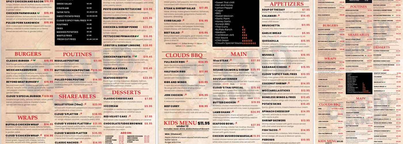 CLOUD NINE BAR & GRILL Menu