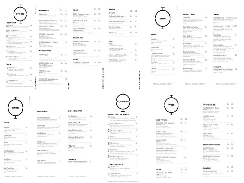 The Artist Lounge Menu