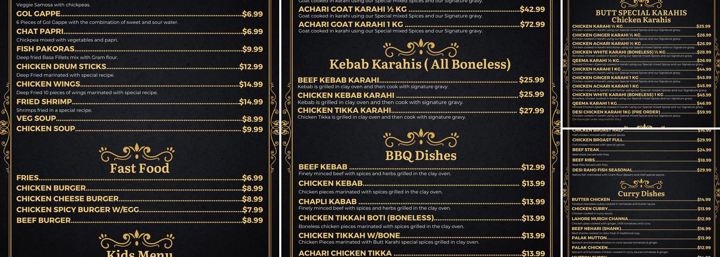Butt Karahi Canada Menu