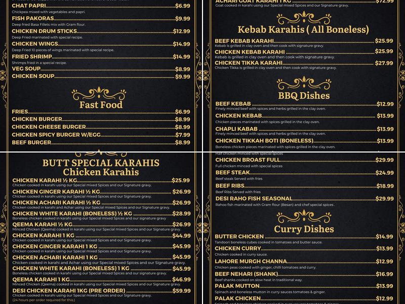 Butt Karahi Canada Menu