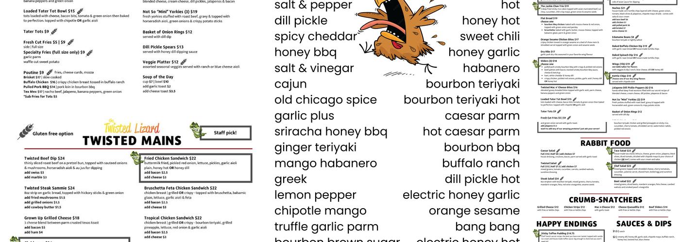 The Twisted Lizard Menu