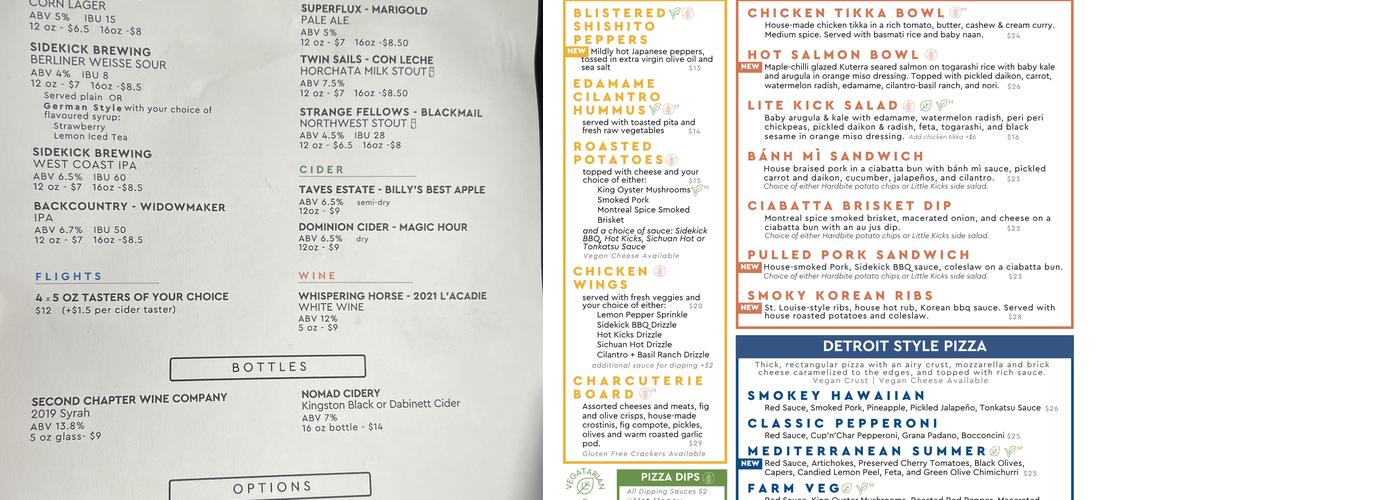Sidekick Brewing Menu