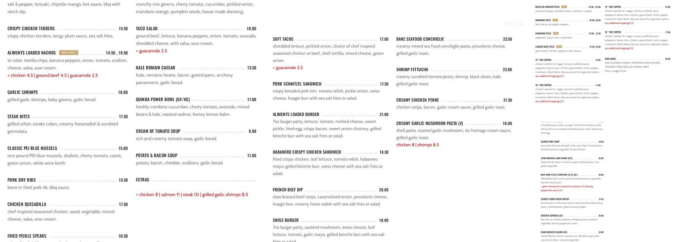 Aliments Kitchen Menu