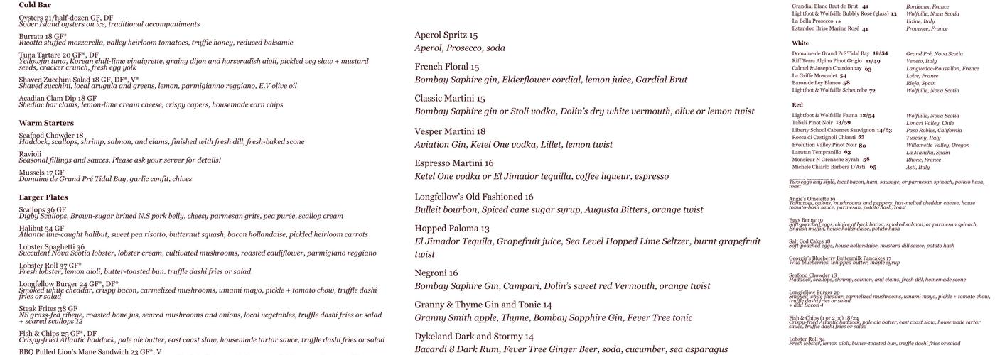 Longfellow Restaurant Menu