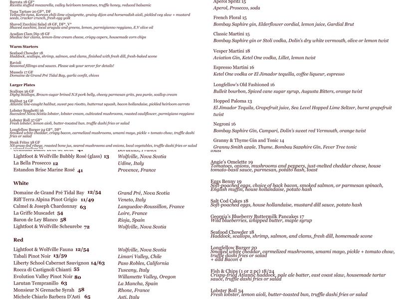 Longfellow Restaurant Menu