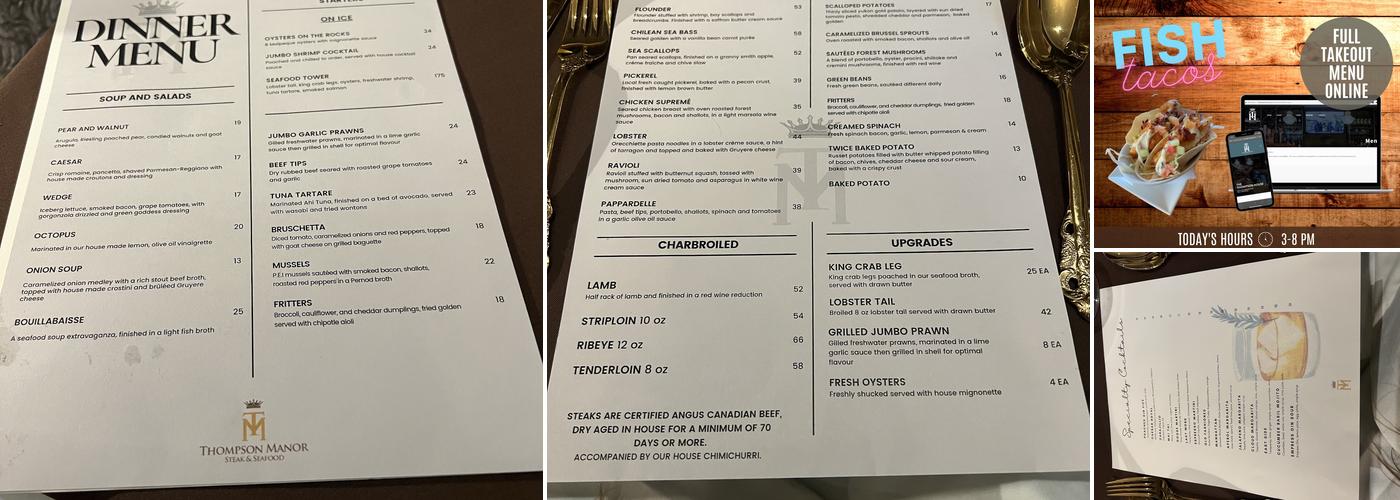 Thompson Manor Steak and Seafood Menu