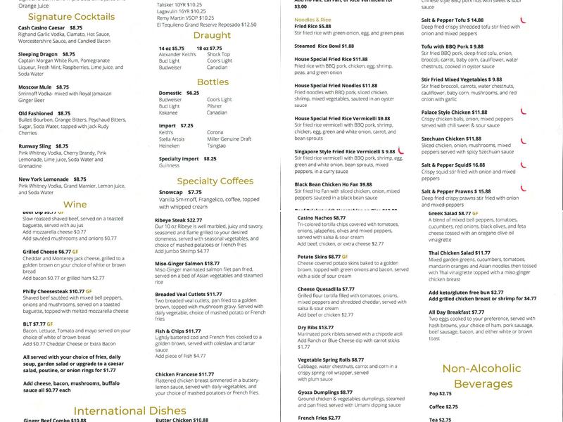 Embers Lounge at Cash Casino Red Deer Menu