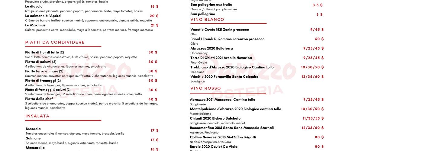Parizzo Menu