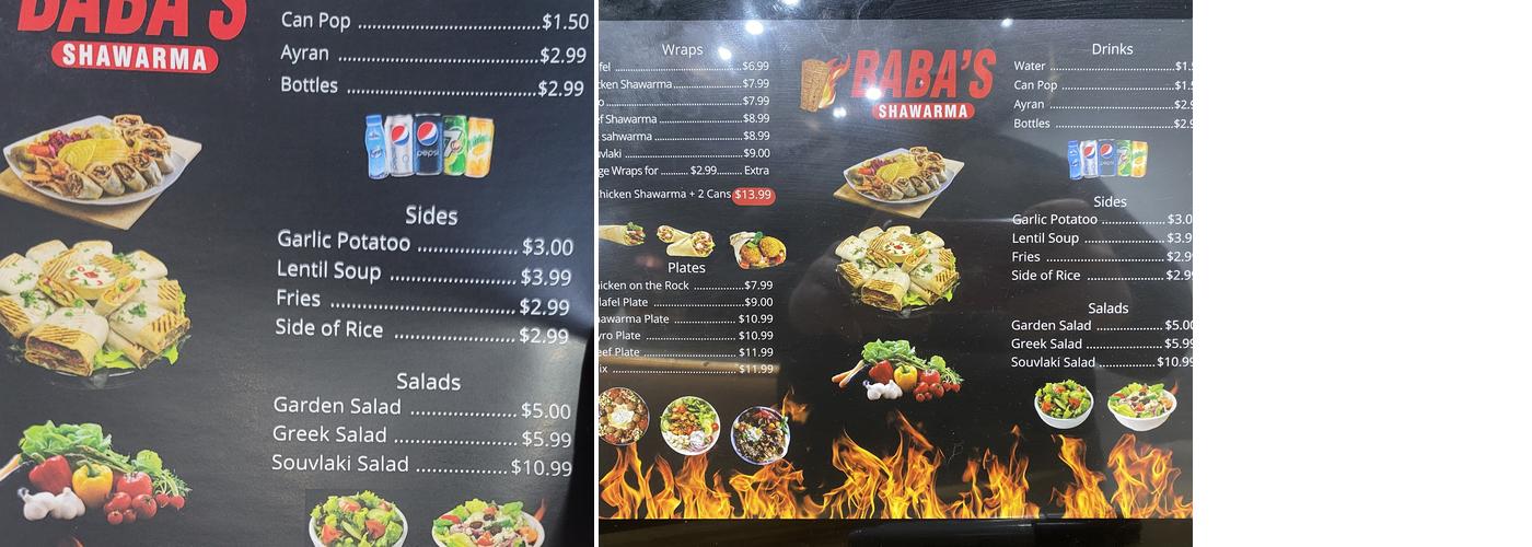 Baba's Shawarma Menu