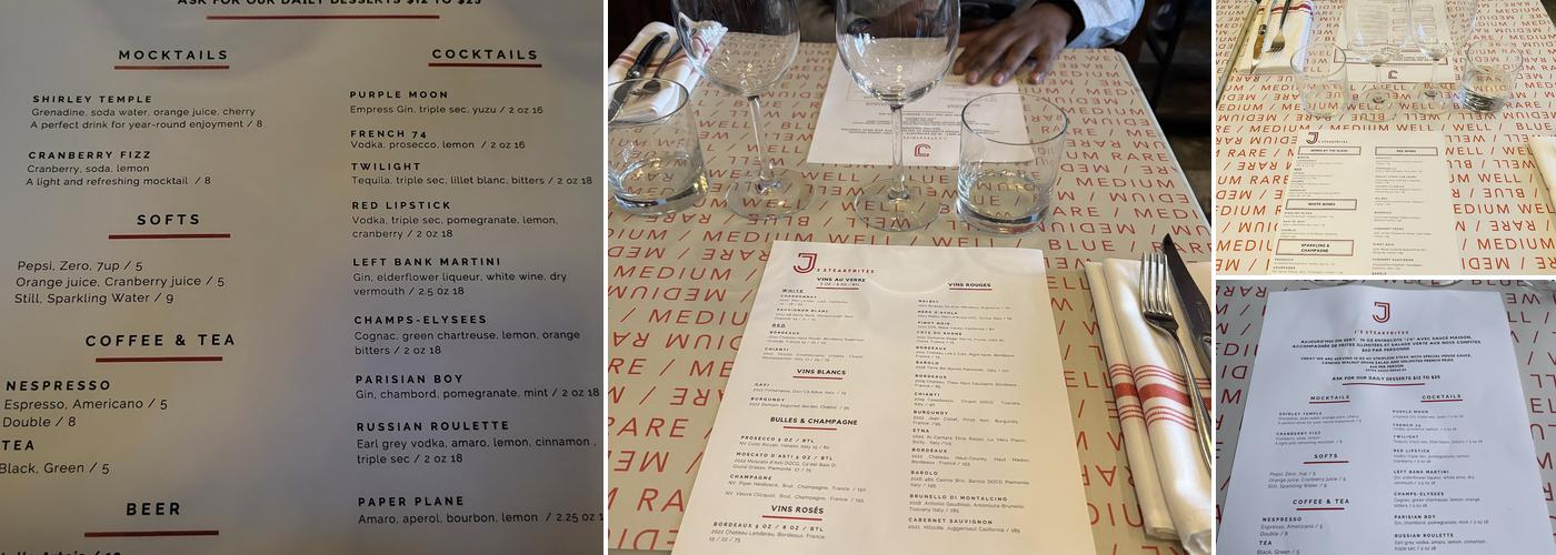 J's Steak Frites Menu