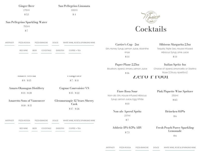Masiero Pizzeria Napoletana Menu