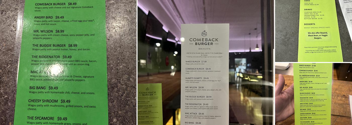 Comeback Burger Menu