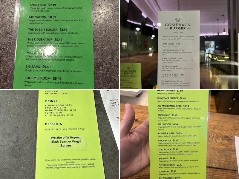 Comeback Burger Menu
