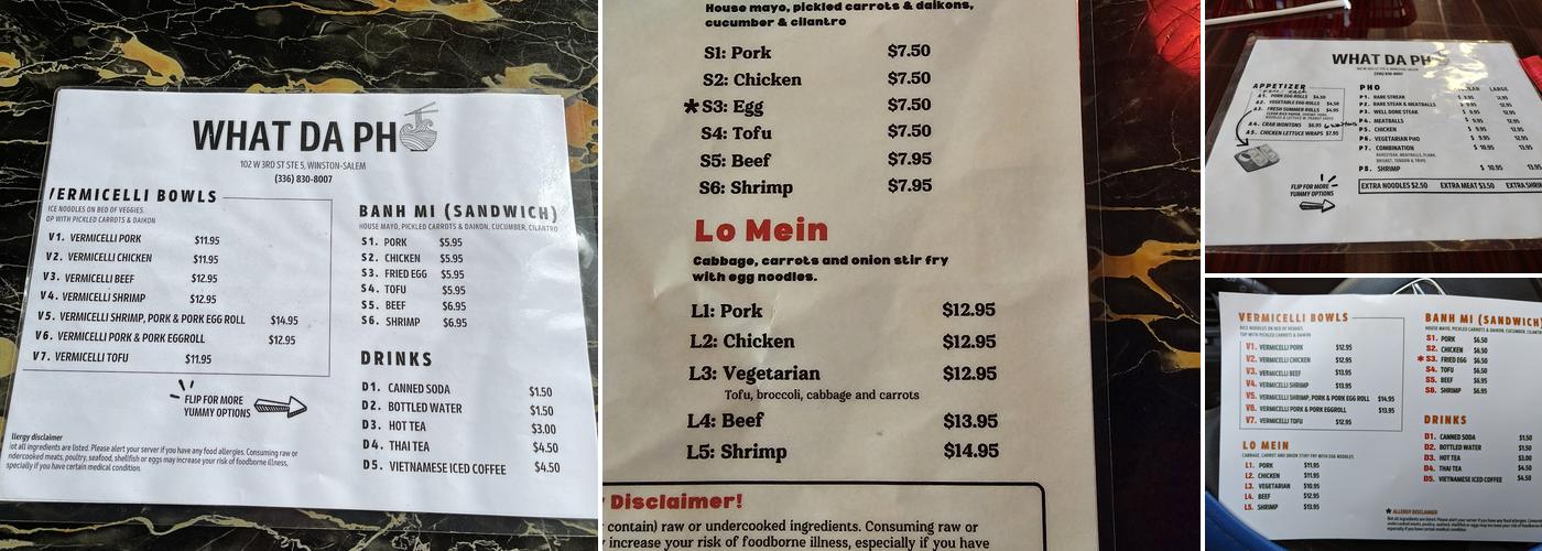 What Da Pho Menu