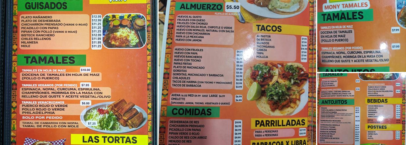 Mony Tamales Menu
