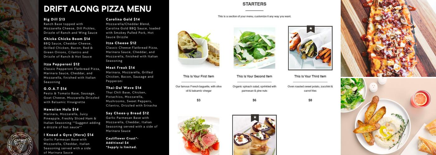 Drift Along Pizza Co. Menu