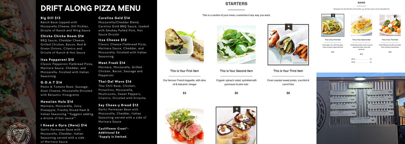 Drift Along Pizza Co. Menu