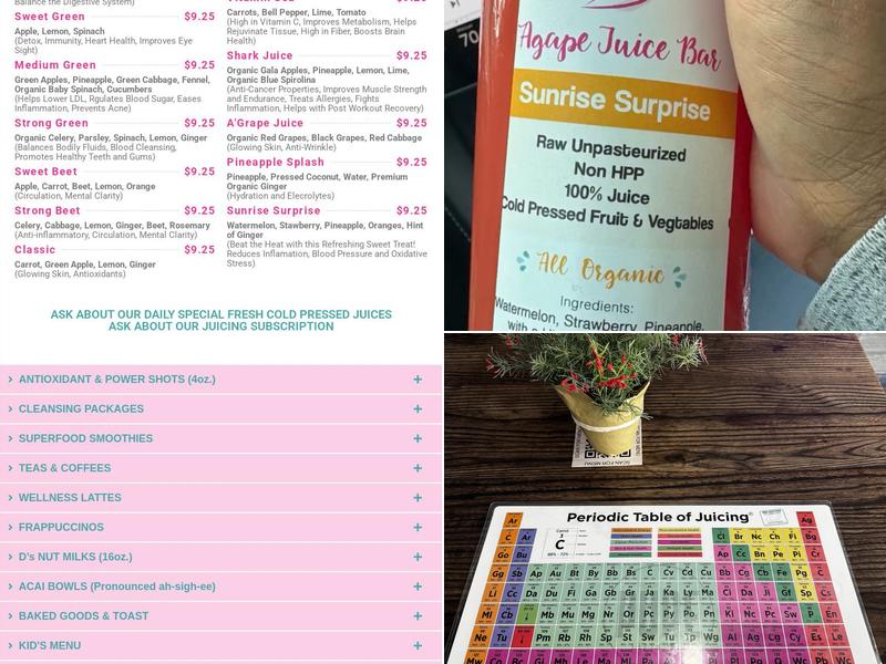 Agapé Juice Bar Menu