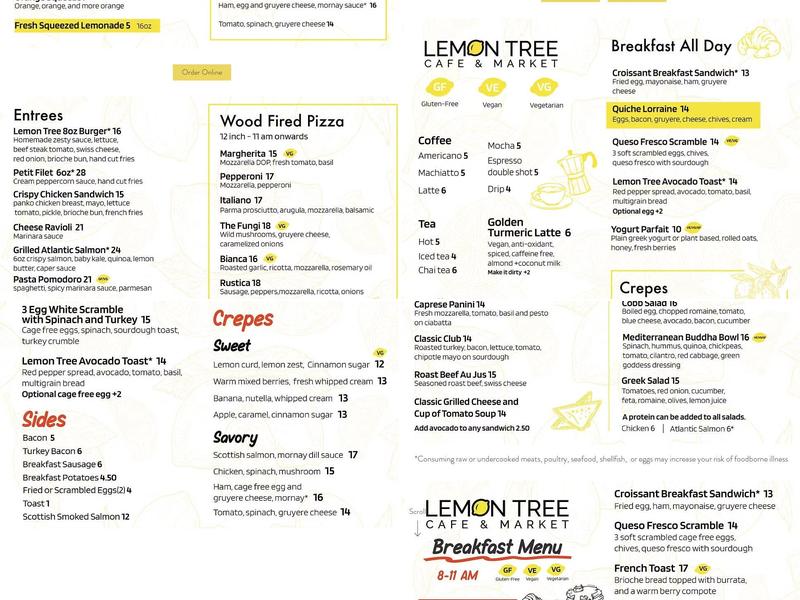 Lemon Tree Cafe and Grocery Store Menu
