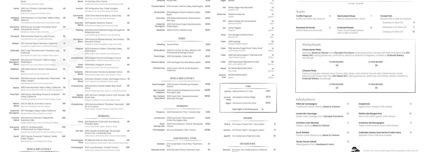 Roots Orcas Island Menu