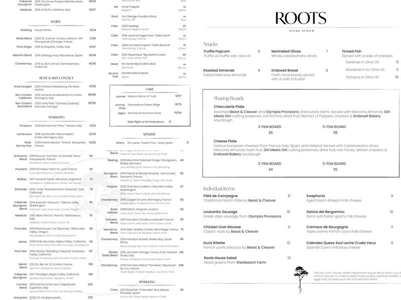 Roots Orcas Island Menu