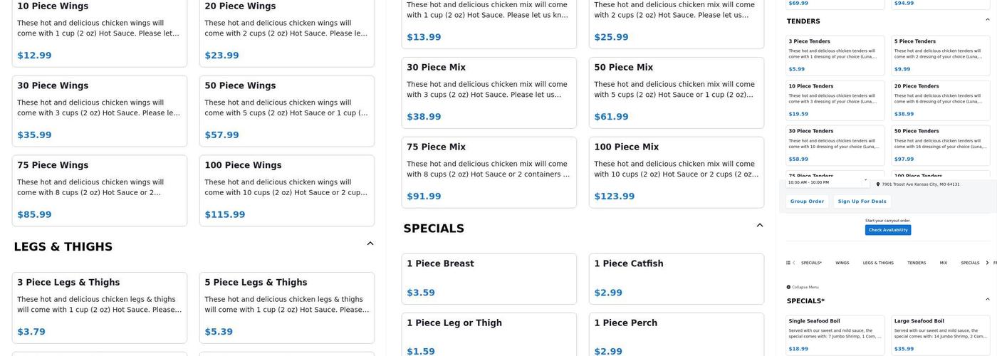 Luna’s Chicken N Seafood Menu