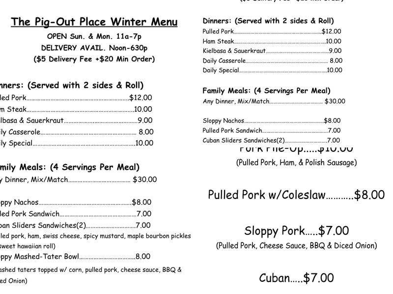 The Pig-Out Place Menu