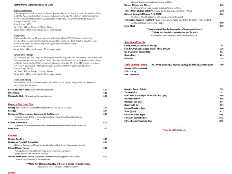 Fairways Grill Menu