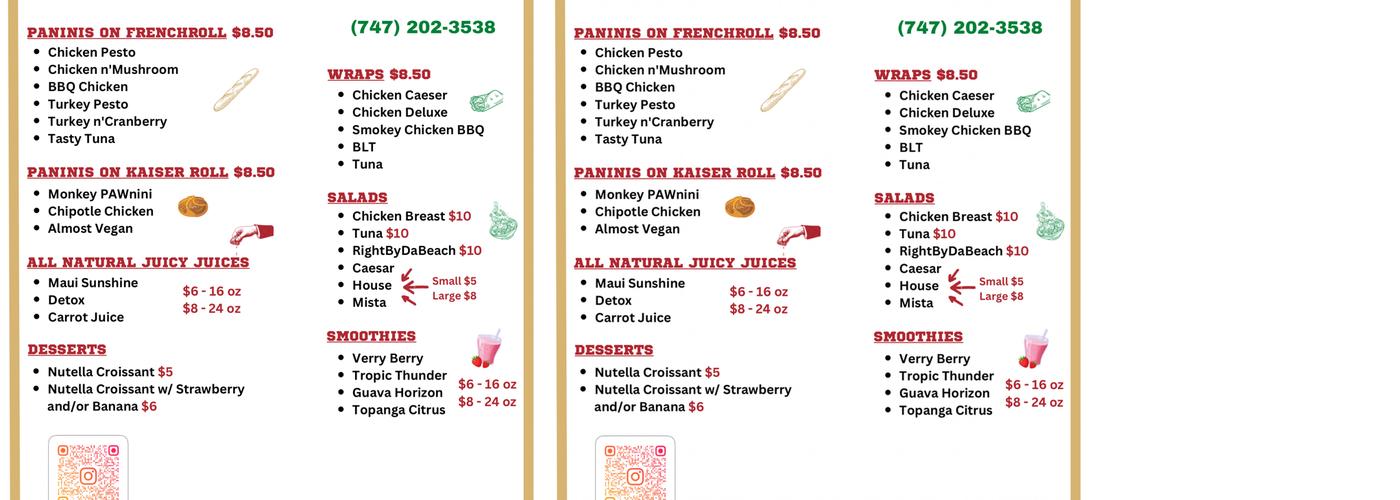 Monkeys Paninis Menu