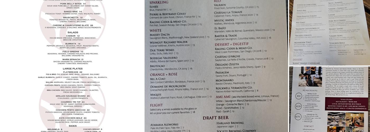 Vinya: vino + vinyasa Menu