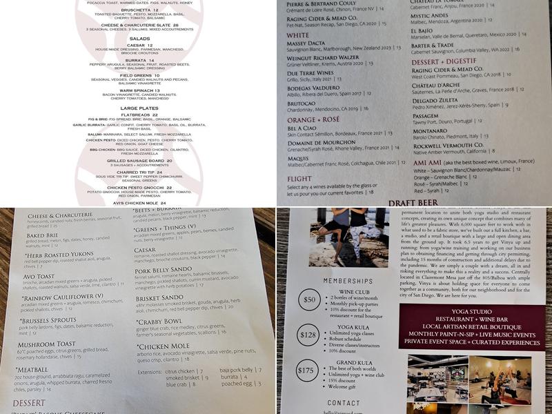 Vinya: vino + vinyasa Menu