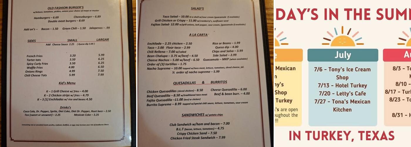 Letty's Cafe Menu